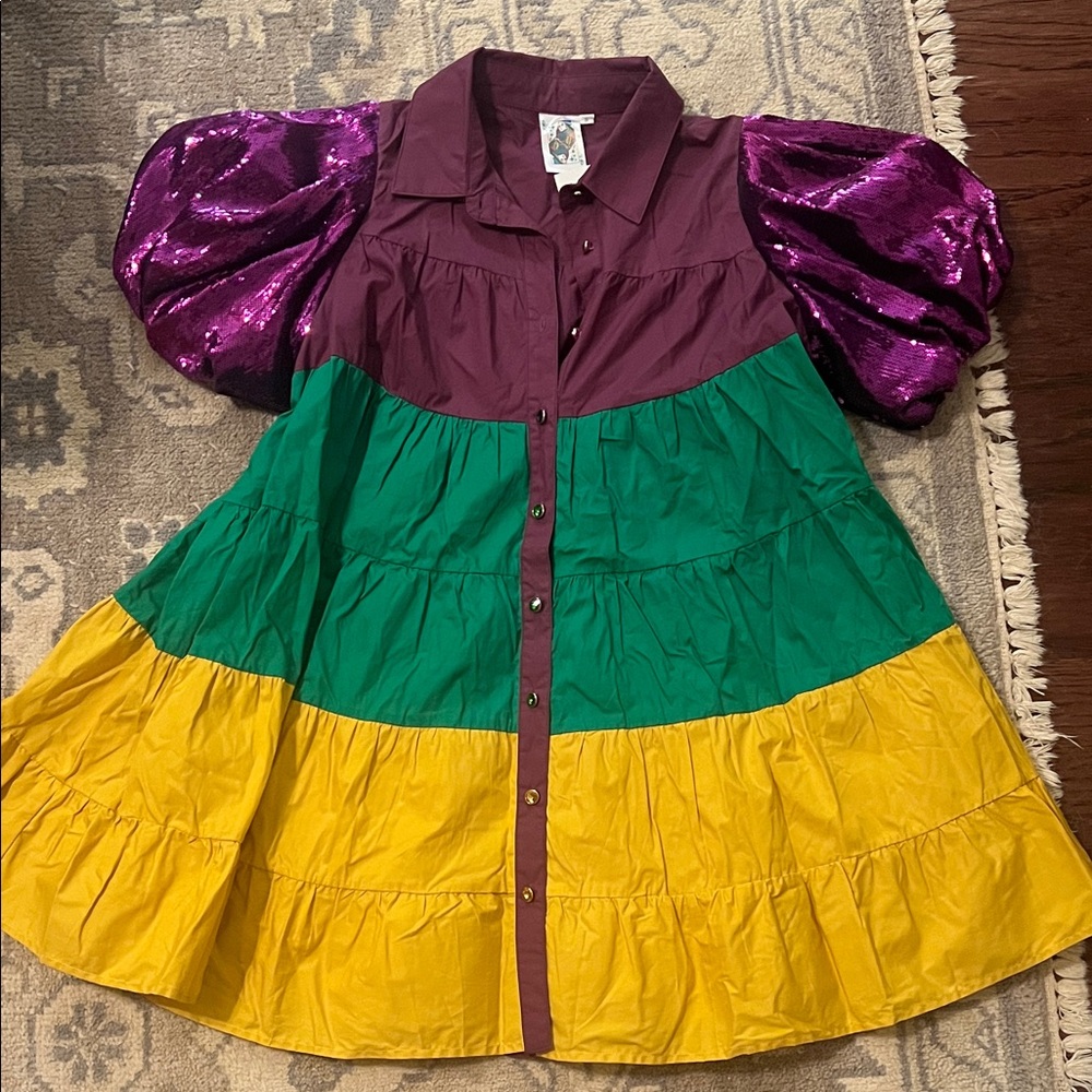 Queen of Sparkles Mardi Gras Sequin Puff Sleeve Dress NWT